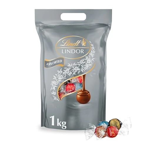 Lindt LINDOR Praline di Cioccolato Latte, Extra Fondente 70% Cacao, Doppio Cioccolato, Caramello Salato, 80 Cioccolatini, in confezione assortita maxi formato 1kg