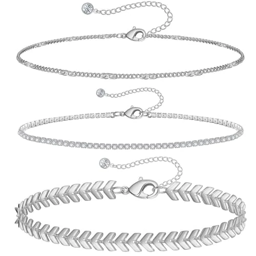 VGWON Cavigliera da Donna in Argento in Acciaio Inossidabile, Cavigliera Placcata in Oro 14K, Set di Cavigliere con Zirconi al Quarzo da Tennis con Perline D'Argento