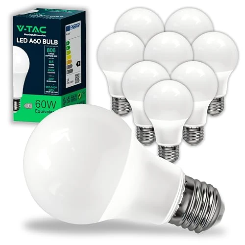 V-TAC 10 x LED Light Bulbs E27 8.5 W (Equivalent to 60 W) A60 - 806 Lumen - Maximum Efficiency and Energy Saving LED Lamp 6500 K Cool White - LED Bulbs