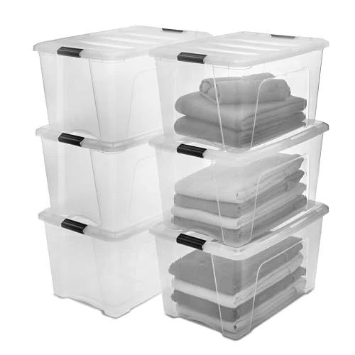 Limited offer: Iris Ohyama Storage Boxes with Lids, 45L, Set of 6, Clear, Secure Buckles, Stackable, Pull-Handles, For Bedroom, Closet, Office, Organisation, BPA Free Plastic, Clothes Tote, DDNTB-45 from 62.99 EUR to 62.99 EUR (save 0%)