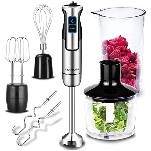 Offerta a tempo: LEHMANN Chowmei Frullatore a Immersione 1200 W, Set 5-in-1 con Frusta, Sbattitore, Tritatutto 600 ml, Misurino 860 ml, Regolazione Velocità a 8 Livelli, Funzione Turbo, Senza BPA, Argento - 40% da 49.99 € a 29.99 €