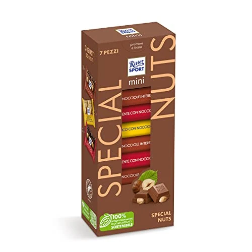 RiTTER Sport Mini Tower Special Nuts, Mix Chocolates, 3 Sabores, Chocolate con Leche Extra Con Avellanas, Chocolate Negro Con Avellanas, Chocolate Blanco Con Avellas, 7 unidades, 116g