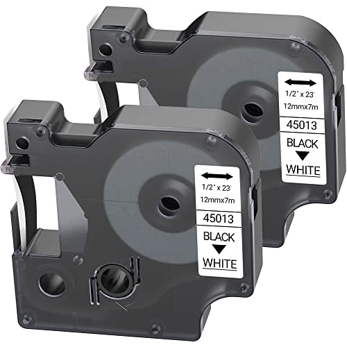 LEYF Labeltape, 2 stuks, compatibel met Dymo D1 45013 S0720530, 12 mm x 7 mm tape voor Dymo LabelManager 160 280 210D 360D 420P 500TS Labelpoint 250 150 450 Duo, waterdicht, zwart op wit