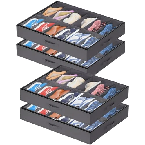 Lifewit Pack of 4 Underbed Storage Boxes for Shoes, Foldable Underbed Storage Box, Shoe Organiser, Shoes Storage Bag, Shoe Organiser, Bed Box for Men and Women, 4 x 12 Pairs