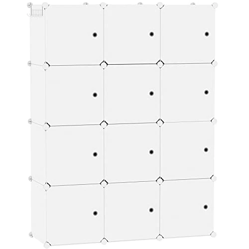 C&AHOME Cube Storage Organizer with Doors, 12-Cube Shelves, Closet Cabinet, DIY Plastic Modular Bookshelf Ideal for Bedroom, Living Room, 36.6”L x 12.4”W x 48.4”H Milky USHS3012M-DOOR