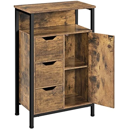 Yaheetech Armoire de salle de bain avec 3 tiroirs et porte meuble de sol avec étagère réglable vintage armoire autoportante industrielle 86,5 x 55,5 x 30 cm en bois marron rustique
