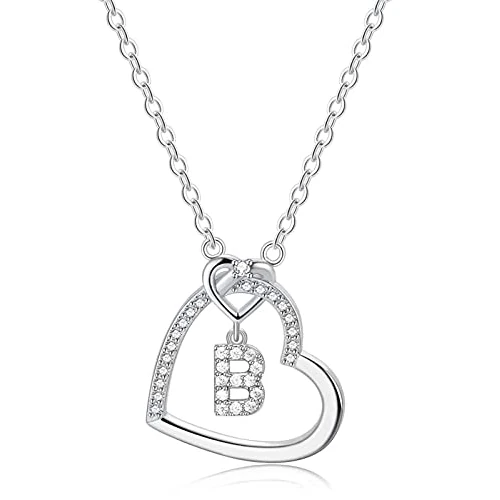 LIHELEI Damen Halskette Herz Buchstabe 925 Silber Kette Damen Personalisiere Kette, Geburtstags und Weihnachten Geschenk Für Frauen Mädchen Mama Freundin - B