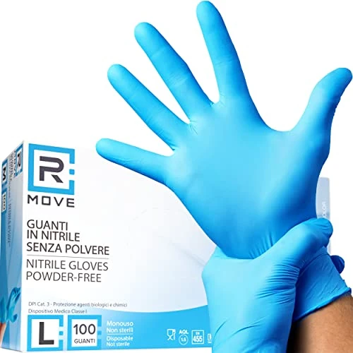 Offerta a tempo: R MOVE 100 guanti in nitrile monouso blu L senza polvere, gloves ambidestri usa e getta per alimenti, non sterili, senza lattice, ipoallergenici - per ambiti medici, Estetisti, Tatuatori (L, Blu) - 0.00% da 6.99 € a 6.99 €