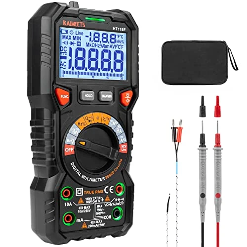 Offerta a tempo: KAIWEETS HT118E Multimetro Digitale Professionale TRMS 20000 Conteggi, Voltmetro a Auto-gamma, Tester Elettrico Misura Tensione Corrente Resistenza Diodi Continuità Capacità Temperatura - 24% da 59.99 € a 45.59 €