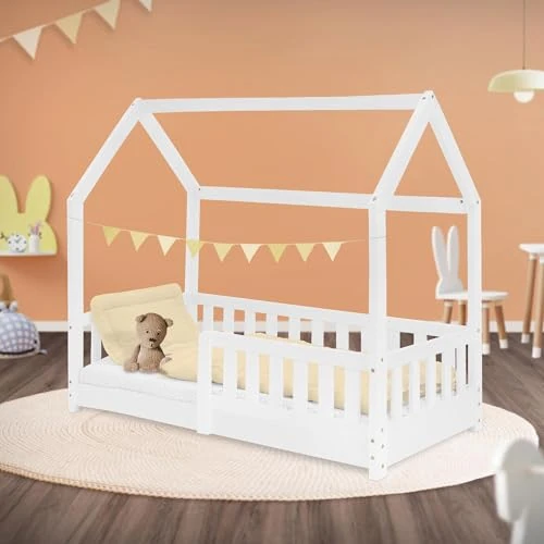 Offerta a tempo: ML-Design Letto a Casetta per Bambini 70 x 140 cm Bianco, in Legno Massello, Struttura con Protezione Anticaduta, Tetto e Rete a Doghe, Lettino a Terra Montessori a Forma di Casa per Cameretta - 0.00% da 145.48 € a 145.48 €