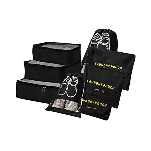 Koffer-organizer, kledingtassen, 8-in-1 kofferorganizer, set, verpakkingskubus, kofferorganizer, paktassen, bagage, voor kleding, schoenen, ondergoed, cosmetica (zwart)