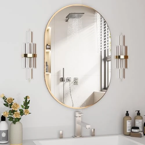 Oferta limitowana: NEUWEABY Owalne lustro łazienkowe, kapsułka, lustro ścienne, 50 x 76 cm, lustro montowane na ścianie, duże nowoczesne lustro ze złotą metalową ramą, dekoracja do przedpokoju, sypialni, salonu z 499.00 zł na 499.00 zł (oszczędź 0.00%)