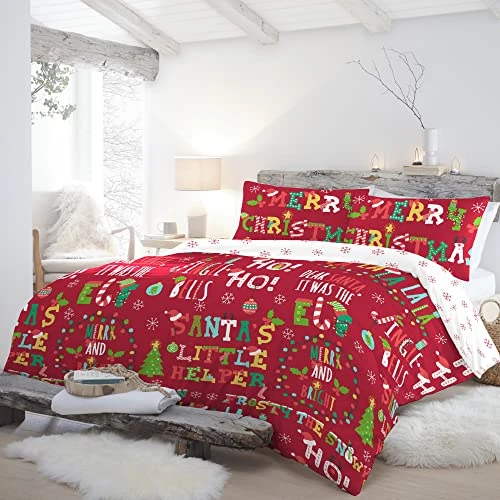 Offre limitée : Fusion - Housse de Couette Phrases de Noël - 200 x 200 cm - Réversible (2 Designs) - 2X Taies d'oreiller Incluses - Housse de Couette Flocons de Neige - Literie de Noël en Rouge et Blanc de 24.73 € à 24.73 € (0.00% de remise)