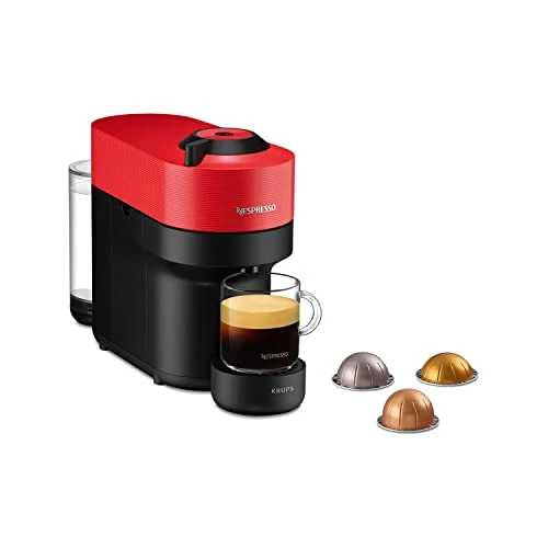 Krups Nespresso VERTUO Pop XN9205 - Cafetera de cápsulas, máquina de café expreso, 4 tamaños tazas, tecnología Centrifusion, 35% plástico reciclado, Spicy red