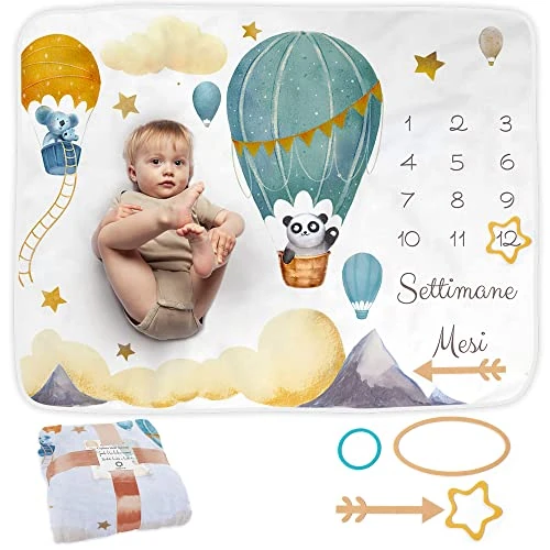 Zeitlich begrenztes Angebot: Baby Meilenstein Decke auf Italienisch | Monatsdecke Baby Junge & Mädchen, Unisex | Motiv Luftballon | Personalisiertes Neugeborenen-Geschenk für Mütter | Babydecke | Meilensteindecke und Rahmen von 21.99 € auf 21.99 € (0.00% 