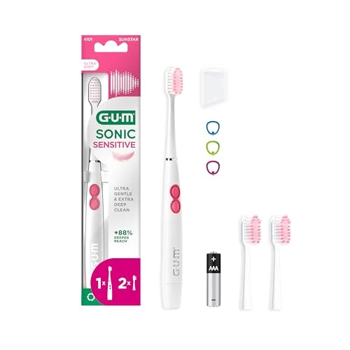 Zeitlich begrenztes Angebot: GUM Sonic Sensitive batteriebetriebene elektrische Zahnbürste, sehr tragbar, bietet ultra sanfte und gründliche Reinigung, 1 x Bürste, 2 x Ersatzköpfe, 1 x AAA-Batterie von 26.37 € auf 26.37 € (0.00% Rabatt)