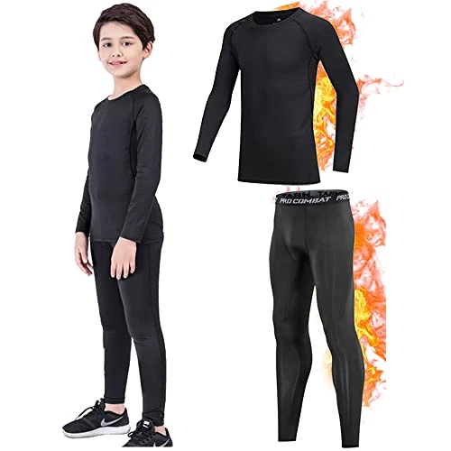 Yutdeng Thermounterwäsche Set Kinder Fleece Thermounterhemd und Sport Thermounterhose Jungen Sportunterwäsche Set Winter Skiunterwäsche Fussball Funktionswäsche Atmungsaktiv,Schwarz,30/150-155cm