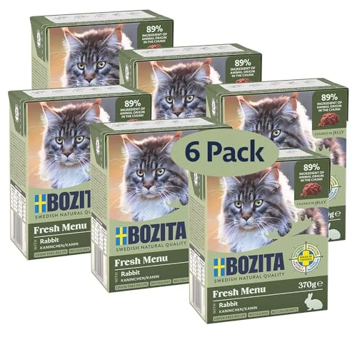 Offerta a tempo: Bozita Tetra tartine con coniglio in gelatina – 6 x 370 g di cibo per gatti senza cereali senza zuccheri aggiunti – con 7,5% di proteine, 5% di grassi, sapore di carne particolarmente fine e senza OGM - 0.00% da 13.07 € a 13.07 €