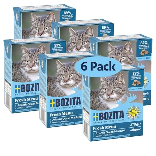 Bozita Tetra cibo umido con sgombro in gelatina, 6 x 370 g, senza cereali, senza zucchero, senza ingegneria genetica, con 7,5% di proteine, 5% di grassi, pieno ed equilibrato per buongustai