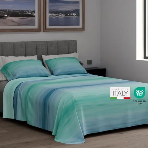 Dorian Home, Complet Lit Double 100% Coton, Complet Draps 180 x 200, Taille de Drap Dessous, Drap Supérieur et Une Paire de Taies d’Oreiller, Made in Italy, Fantaisie Émeraude Bluette