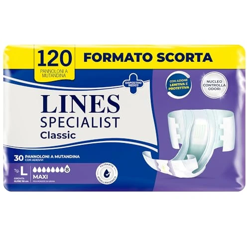 Offerta a tempo: Lines Specialist Classic Pannoloni a mutandina MAXI, per incontinenza uomo e donna con lozione lenitiva, misura GRANDE, confezione da 120 unità - 0.00% da 69.99 € a 69.99 €