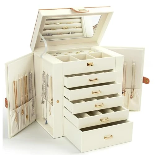 Limited-time offer: KAMIER Jewelry Box for Women, 6 Tier Layer Large Jewelry Holder Organizer Box with Mirror & 5 Drawers for Rings, Earrings, Necklaces, Bracelets,White from 59.99 GBP to 59.99 GBP (save 0%)
