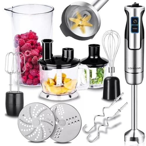 Offerta a tempo: LEHMANN Chopsui Frullatore a Immersione 1200 W - Set 7-in-1-9 Accessori - Misurino da 860 ml - Regolazione Velocità a 8 Livelli - Funzione Turbo - 15000 U/min - Senza BPA - Lama Dorata - 8% da 59.99 € a 54.99 €