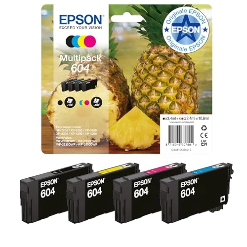 Offerta a tempo: Epson 604 Serie Ananas - Cartucce per stampante getto d'inchiostro, Multipack 4 colori (Nero, Ciano, Magenta, Giallo), Formato STD, Stampe affidabili casa e ufficio, Confezione Retail - 0.00% da 47.90 € a 47.90 €