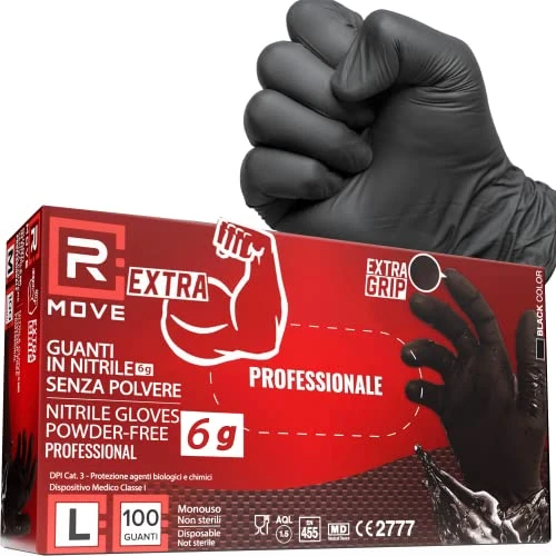 R MOVE 100 Einweghandschuhe Schwarz L, Nitrilhandschuhe EXTRA BESTÄNDIG Einmalhandschuhe +60% Dicke 6gr puderfrei und latexfrei gummihandschuhe für Mechaniker Tätowierer Kosmetiker handschuhe einweg