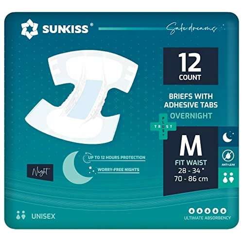Oferta ograniczona: SUNKISS TrustPlus Overnight pieluchy dla dorosłych o najwyższej chłonności, majtki na nietrzymanie moczu unisex z zakładkami dla mężczyzn i kobiet, kontrola zapachu, M, 12 sztuk z 45.98 PLN na 45.98 PLN (zniżka 0%)
