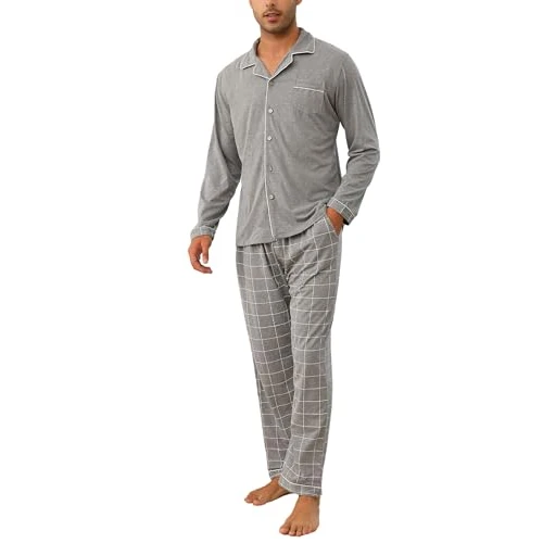 Tijdelijke aanbieding: Bresdk Pyjama, heren, katoen, pyjama, winter, voor mannen, knoopsluiting met lange mouwen, nachtkleding, effen, geruit, 2 stuks, Donkergrijs, XXL van 39.07 € naar 39.07 € (0.00% korting)