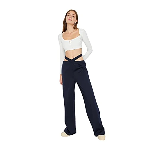 TRENDYOL Damen Trendyol Herren Mittlerer Bund Wide Leg Jogginghose Sweatpants, Dunkles Marineblau, M EU