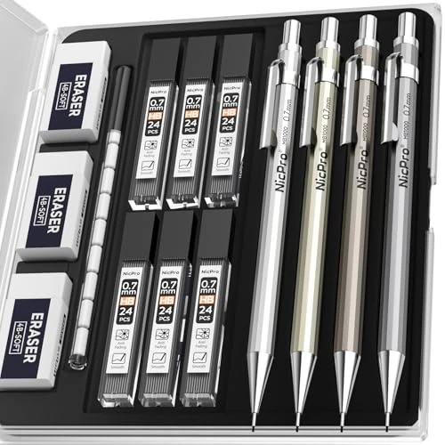 Offerta a tempo: Nicpro 4 Pezzi Matite Meccaniche in Metallo, Portamine 0,7 mm con 8 tubi di Rricarica (HB), Matita per la Scrittura, lo Schizzo, il Disegno - 0.00% da 11.99 € a 11.99 €