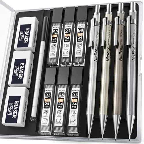 Offerta a tempo: Nicpro 4 pezzi metallo matite meccaniche 0,5 mm con astuccio, set matite meccaniche con 6 tubetti di ricarica HB, 3 gomme 4B, 9 gomme per schizzi, per disegno artistico, scrittura, schizzi e disegno - 27% da 15.99 € a 11.69 €