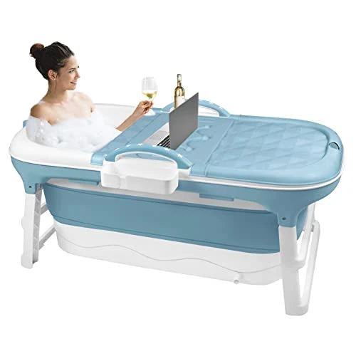 Offerta a tempo: UISEBRT Vasca da bagno pieghevole per adulti L, pieghevole Bathtub 118 x 62 x 53 cm, portatile pieghevole con copertura rimovibile, cestino per sapone, idea per piccolo bagno, blu - 31% da 120.99 € a 83.79 €