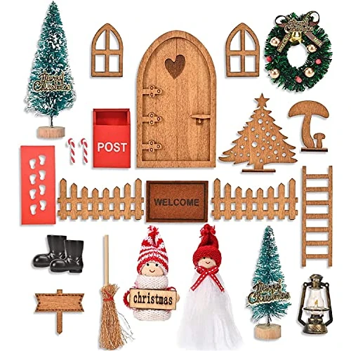 Gnome Door Accessories Christmas Set, Nissedor Miniature Christmas Gnome Door 23 Pieces, Wooden Gnome Door Decoration with Letterbox Boots Christmas Tree Fence Oil Lamp Ladder for Fairy Door Danish Christmas Decoration