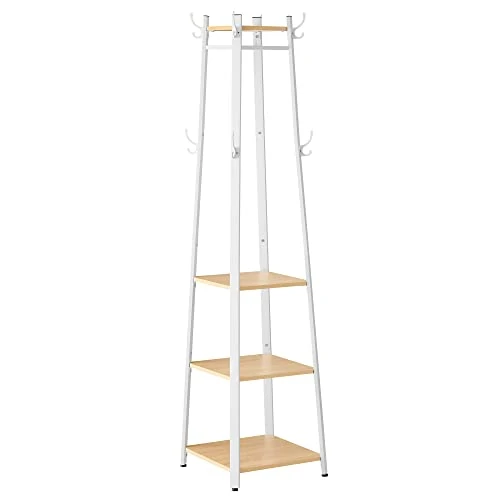 VASAGLE Coat Stand, Coat Rack with 8 Double Coat Hooks, 4 Shelves, Clothes Rails, Metal Frame, for Jackets, Bags, in Hallway, Bedroom, Oak and White LCR080W09
