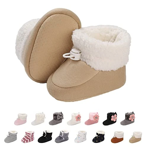 Stivaletti Invernali per Neonato, Inverno Caldo Bambini Stivali da Neve Fondo Morbido Antiscivolo Cotone Piatto Pelliccia Calzino Bootie Regolabile Scarpe Primi Passi Bambina 0-6 Meses Caqui