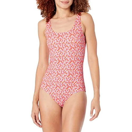 Amazon Essentials Damen Einteiliger bedeckender Badeanzug mit Rundhalsausschnitt (in Übergröße erhältlich), Blasser Pfirsich Mikrofloral, 40