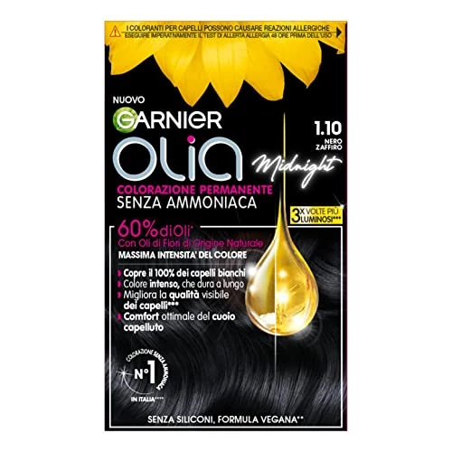 Garnier Olia Midnight Haarfarbe, permanente Färbung ohne Ammoniak, zarter Duft, deckt 100% weißes Haar ab, mit natürlichen Blütenölen natürlichen Ursprungs, vegane Formel, Saphirschwarz