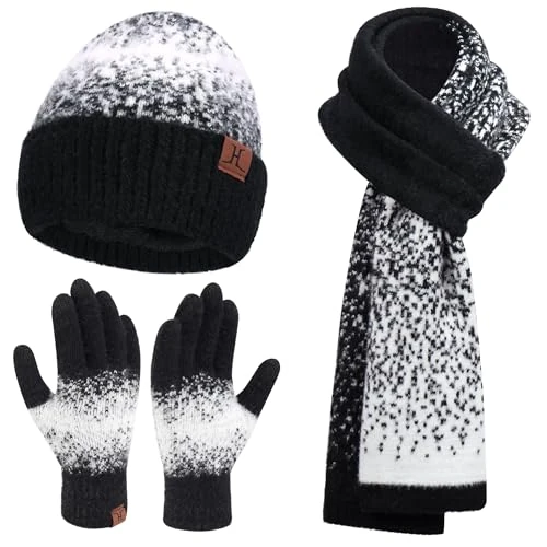 Damen Winter Warm Mütze Touchscreen Handschuhe und Lang Schal Set mit Fleece Gefütterte, Thermo Wintermütze Strickmütze Beanie Winterhandschuhe Strickhandschuhe Schals, Schwarz Weiß