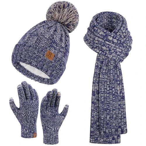 Damen Winter Warm Beanie Mütze Touchscreen Handschuhe Lang Schal Set mit Fleece Gefüttert, Thermo Wintermütze Strickmütze mit Bommel Schals Winterhandschuhe Frauen Geschenk, Marinebraun