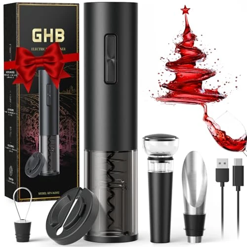 GHB Korkenzieher Elektrisch 6-in-1 Weinöffner Set mit USB-Ladekabel Folienschneider Weinausgießer und Vakuumverschluss Geschenkidee für Weinliebhaber