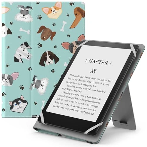 MoKo Custodia Cover Universale Compatibile con E-Lettore Kindle/Kobo/Voyaga/Lenovo/Sony/Tolino da 6", 6,8" e 7", in Pelle PU con Chiusura di Elastico, Doppio Supporto e Manico, Cane Multiplo