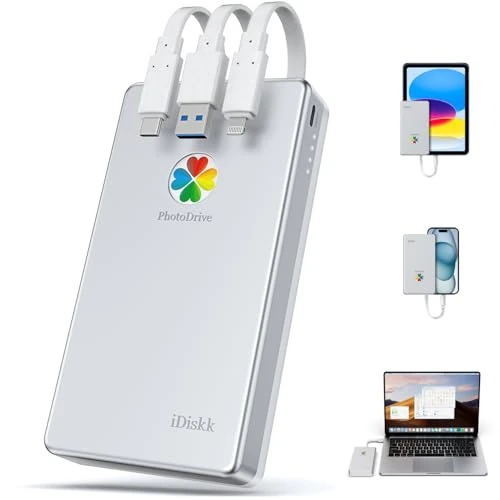 Tijdelijke aanbieding: iDiskk 2TB Externe Bliksem iPhone Harde Schijf, MFi Certified 3-in-1 Ingebouwde Kabel, Draagbaar Voor Nieuwste iPhone/iPad/Mac/PC en TYPE-C Mobiele van 185.99 € naar 185.99 € (0.00% korting)