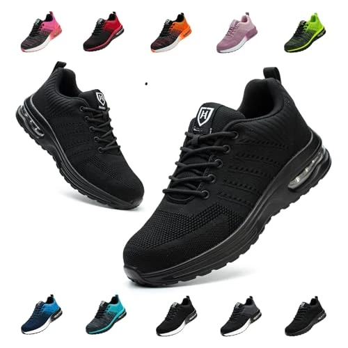 Bawalon Safety Shoes Trainers Men Womens Steel Toe Trainers, Lightweight Safety Shoes Breathable Work Trainers Black UK 10 (Lable Size 44)