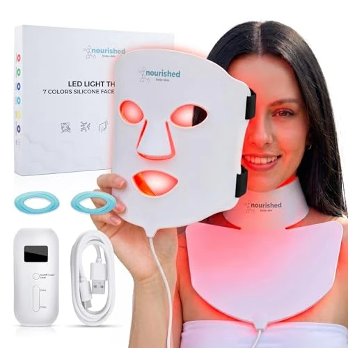 Offerta a tempo: Nourished Bodynskin Maschera di Terapia con Luce LED per Viso & Collo - Dispositivo per la Cura della Pelle del Viso - 7 Colori Rosso & Blu - Ringiovanimento, Prodotto Anti-invecchiamento per le Rughe - 28% da 199.99 € a 144.39 €