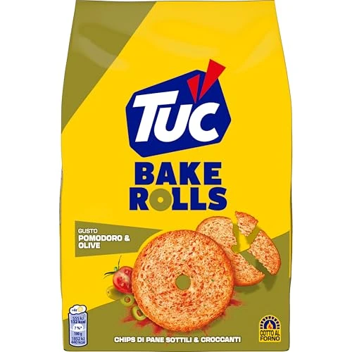 Tuc Bake Rolls, Gusto Pomodoro e Olive, Chips di Pane Cotte al Forno, Sottili e Croccanti, 150g