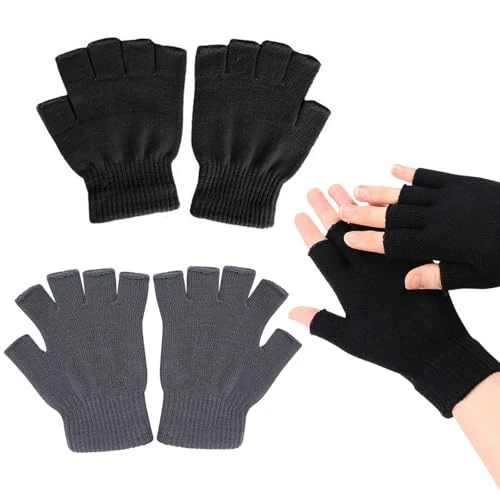 ZOCONE 2 Paar fingerlose Handschuhe, Winterhandschuhe, halbe Zehen, gestrickt, fingerlose Handschuhe für Herren und Damen, warm, elastisch, fingerlose Handschuhe für Erwachsene und Kinder, grau, 90