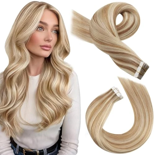 Limited-time offer: Moresoo Tape in Hair Extensions Human Hair Medium Brown Highlighted Platinum Blonde Invisible Tape Extensions Human Hair Real Remy Soft Silky Straight Hair 22 Inch 20pc/50G #P6/60 from 62.99 £ to 53.54 £ (save 15%)